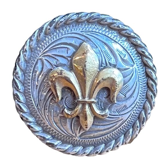 Vtg Fleur de Lis Real Leather Concho Braided Edge Gold Silver Plated Round 1.25" - Picture 1 of 5